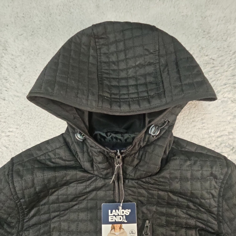 Lands End Jacket Womens S Black Quilted Hooded Full Zip Pockets Mock Neck - Picture 2 of 16